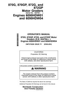 John Deere 870G, 870GP, 872G and 872GP Motor grader Operator manual OMT278209 — actual manual cover