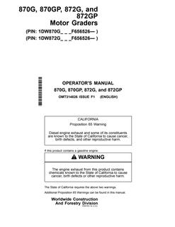 John Deere 870G, 870GP, 872G and 872GP Motor grader Operator manual OMT314826 — actual manual cover