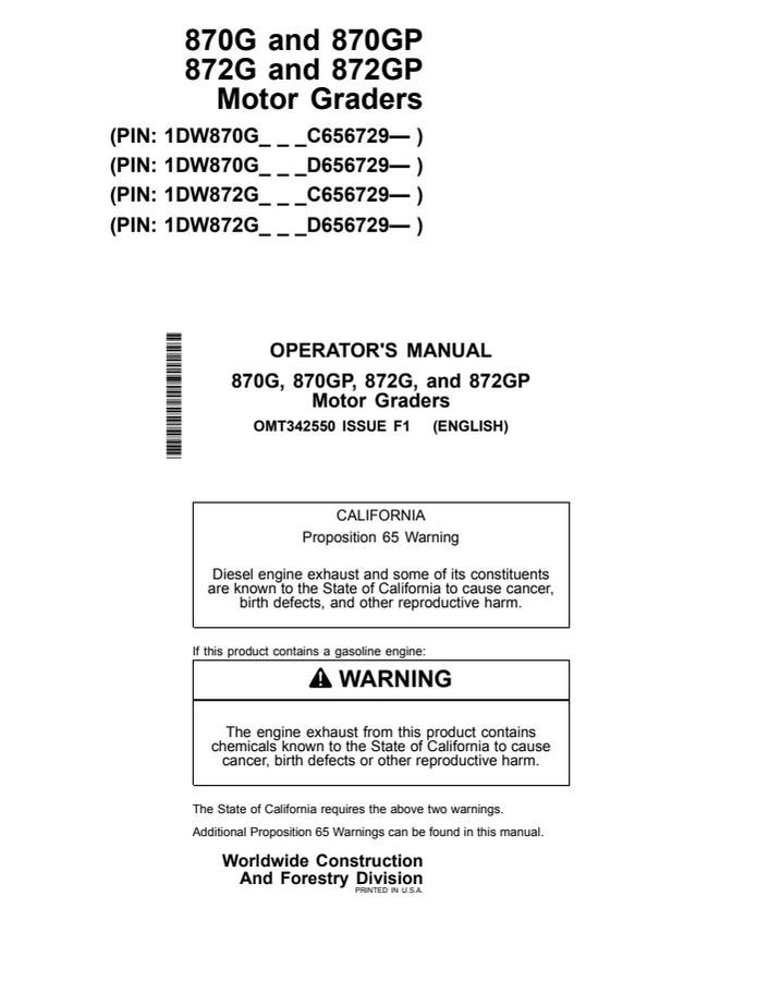 John Deere 870G, 870GP, 872G and 872GP Motor grader Operator manual OMT342550 — actual manual cover