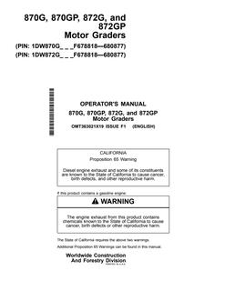 John Deere 870G, 870GP, 872G and 872GP Motor grader Operator manual OMT363021X19 — actual manual cover