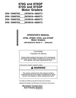 John Deere 870G, 870GP, 872G and 872GP Motor grader Operator manual OMT363024X19 — actual manual cover