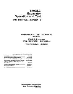 John Deere 870GLC Excavator Operation and test manual TM12176 — actual manual cover