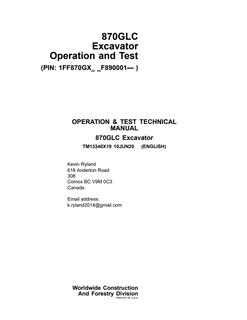 John Deere 870GLC Excavator Operation and Test Technical Manual TM13340X19 — actual manual cover