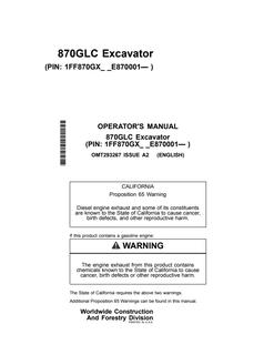 John Deere 870GLC Excavator Operator manual OMT293267 — actual manual cover