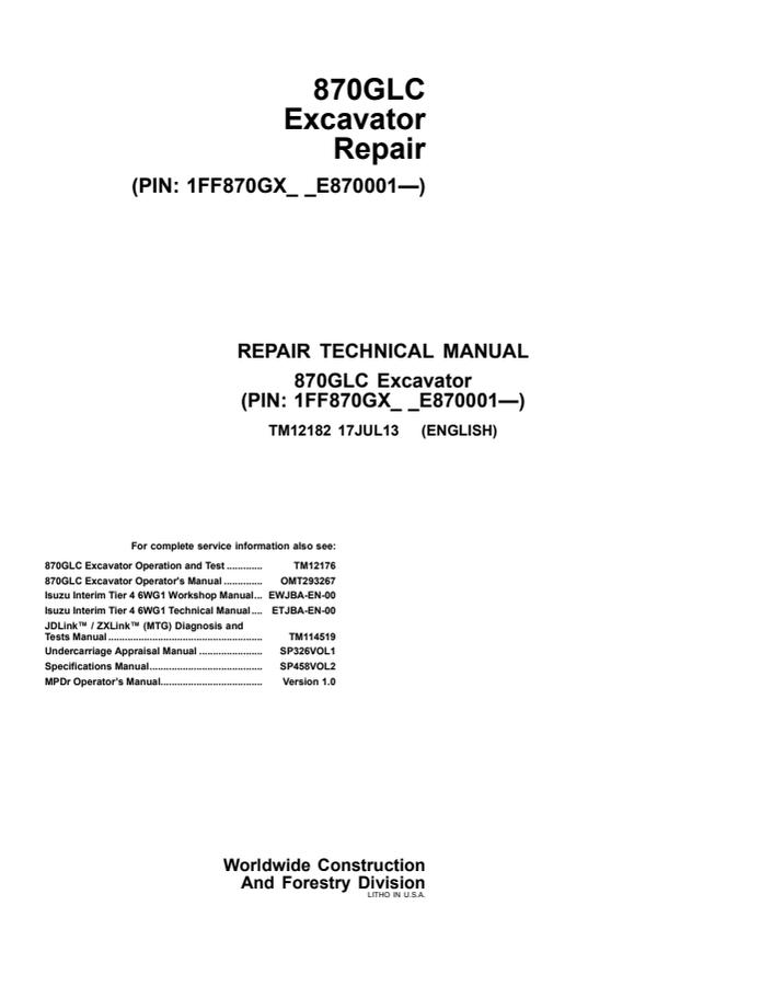 John Deere 870GLC Excavator Repair technical manual TM12182 — actual manual cover