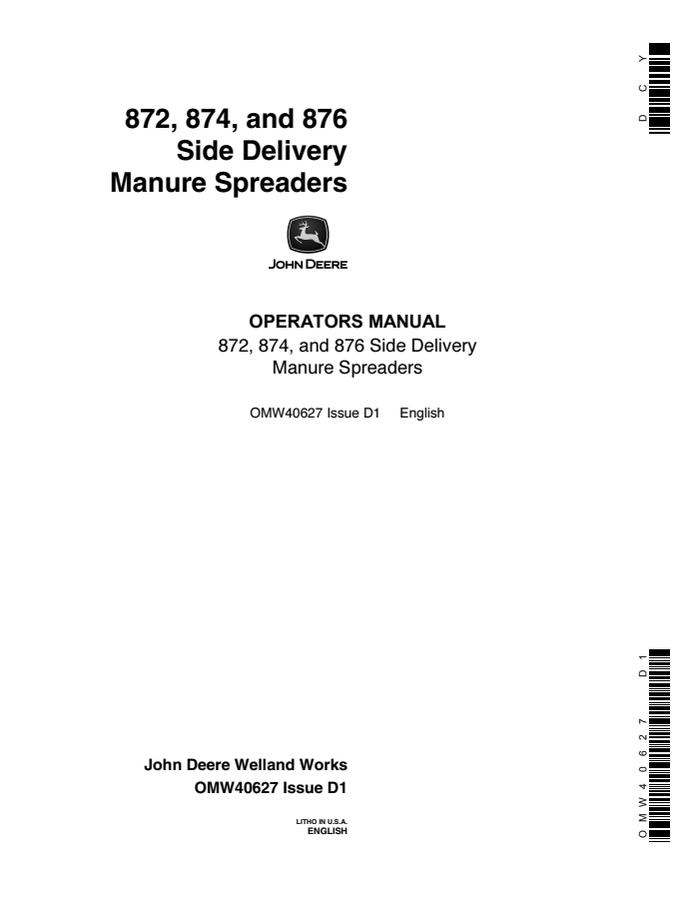 John Deere 872, 874 and 876 Manure spreader Operator manual OMW40627 — actual manual cover
