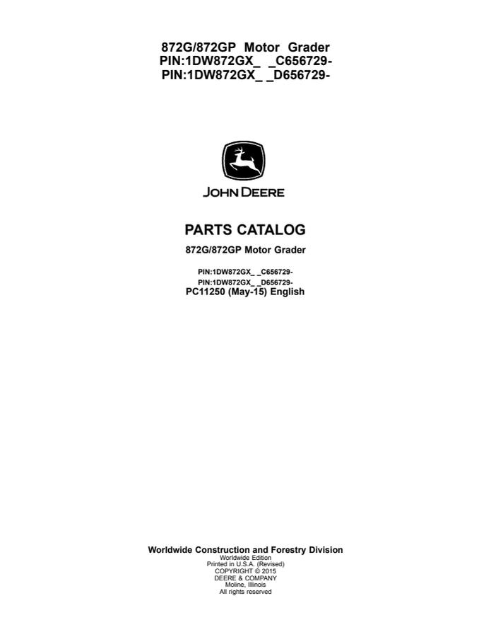 John Deere 872G, 872GP Motor grader Parts catalog PC11250 — actual manual cover