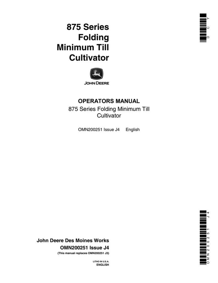 John Deere 875 Series Folding Minimum-till cultivator Operator's manual OMN200251 — actual manual cover