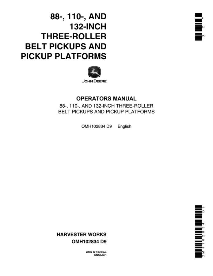 John Deere 88-, 110- and 132-inch Belt pickup platform Operator manual OMH102834 — actual manual cover