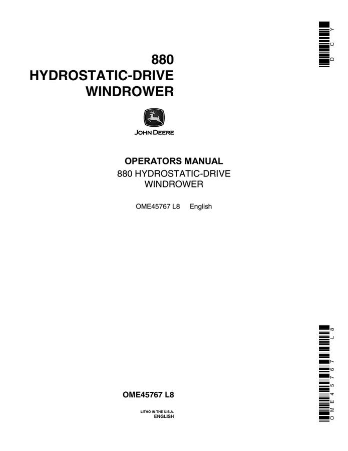 John Deere 880 Windrower Operator manual OME45767 — actual manual cover