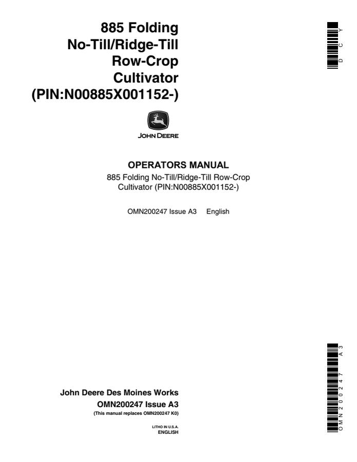 John Deere 885 Cultivator Operator manual OMN200247 — actual manual cover