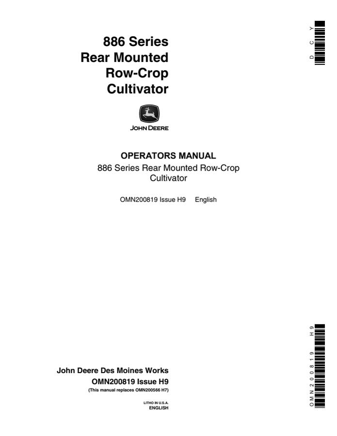 John Deere 886 Series Cultivator Operator manual OMN200819 — actual manual cover