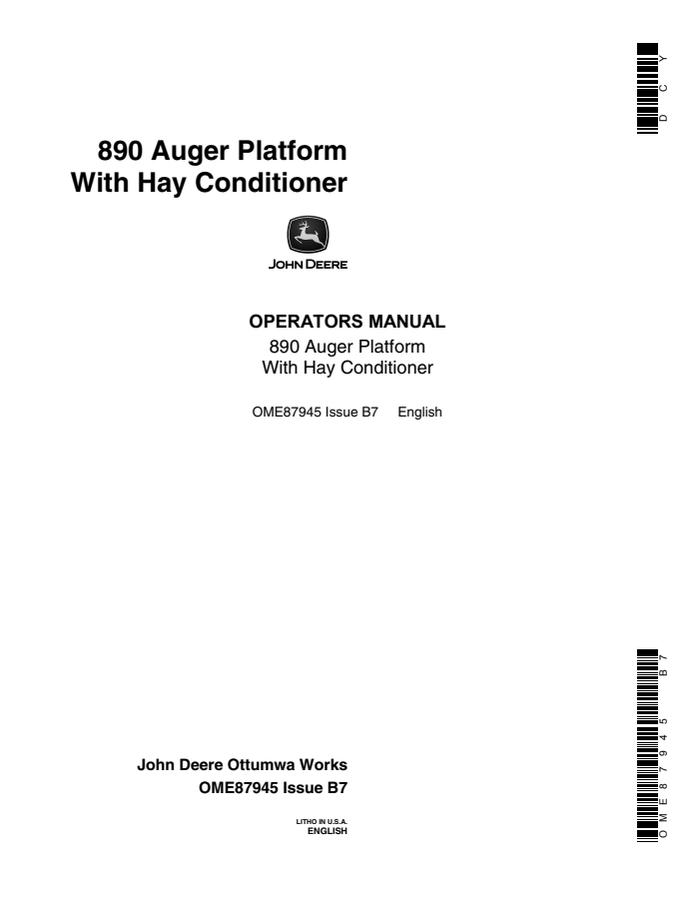 John Deere 890 Auger platform and hay conditioner Operator manual OME87945 — actual manual cover