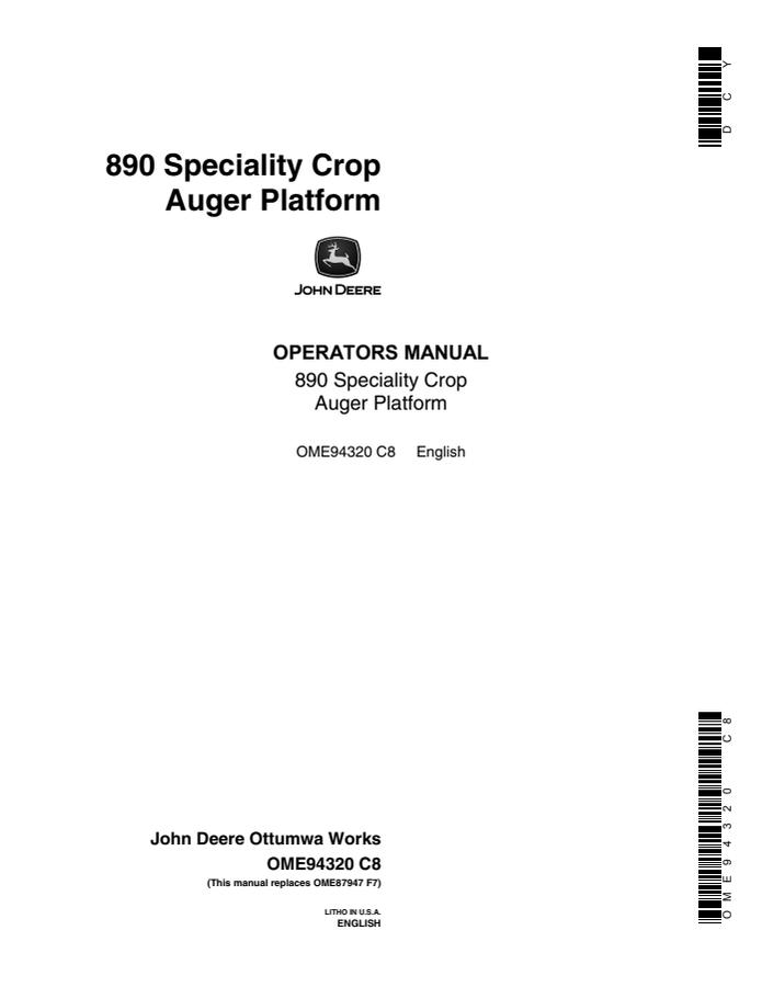 John Deere 890 Auger platform Operator manual OME94320 — actual manual cover