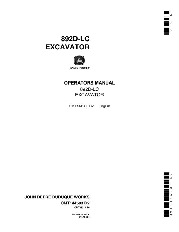 John Deere 892D-LC Excavator Operator manual OMT144583 — actual manual cover