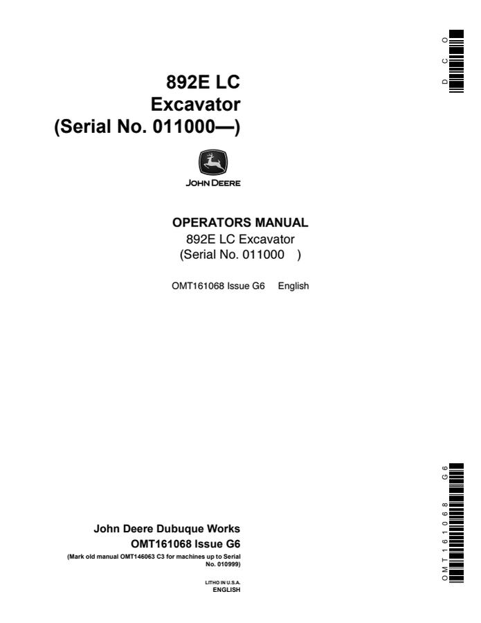 John Deere 892E LC Excavator Operator manual OMT161068 — actual manual cover