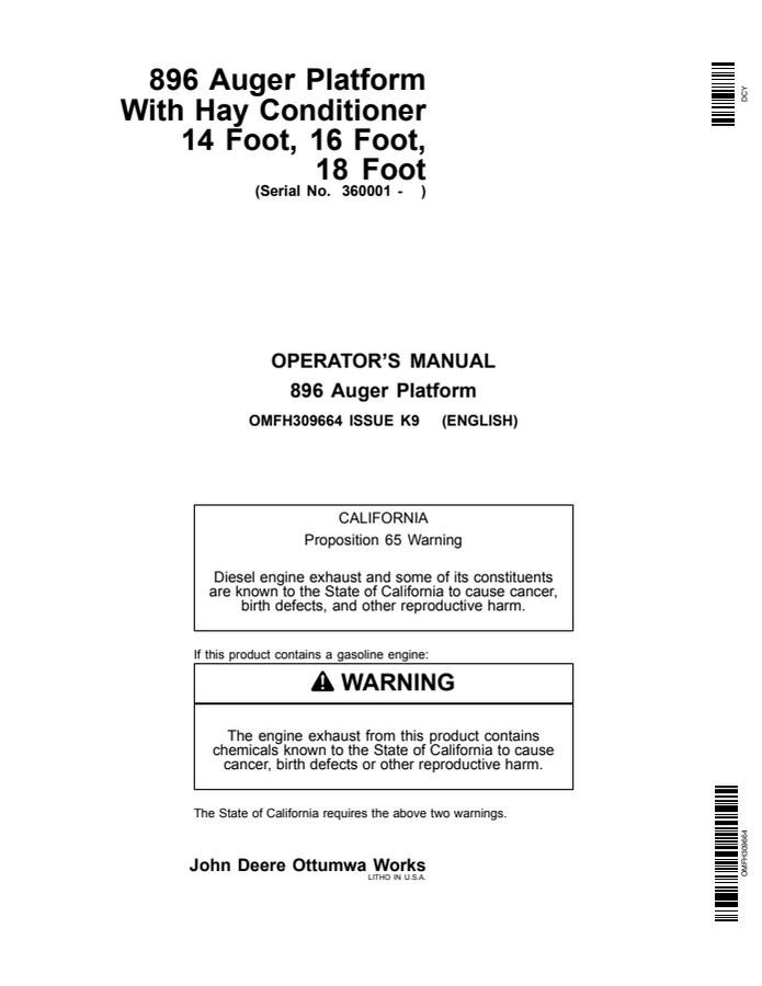 John Deere 896 Auger Platform With Hay Conditioner Operator manual — actual manual cover