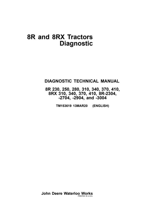 John Deere 8R 230, 250, 280, 310, 340, 370, 410; 8RX 310, 340, 370, 410; 8R-2304, 2704, 2904, 3004 Tractor Diagnostic Technical Manual TM153619 — actual manual cover