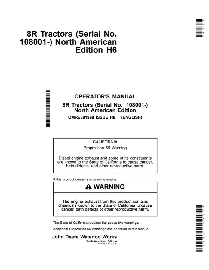 John Deere 8R Tractor Operator manual OMRE581969 — actual manual cover