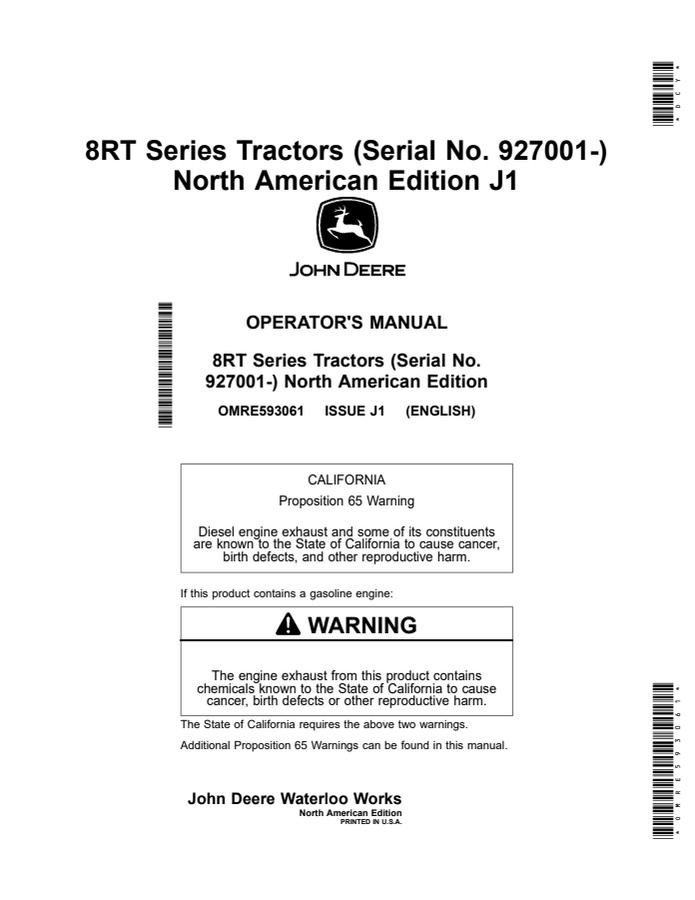 John Deere 8RT Series Tractor Operator manual OMRE593061 — actual manual cover