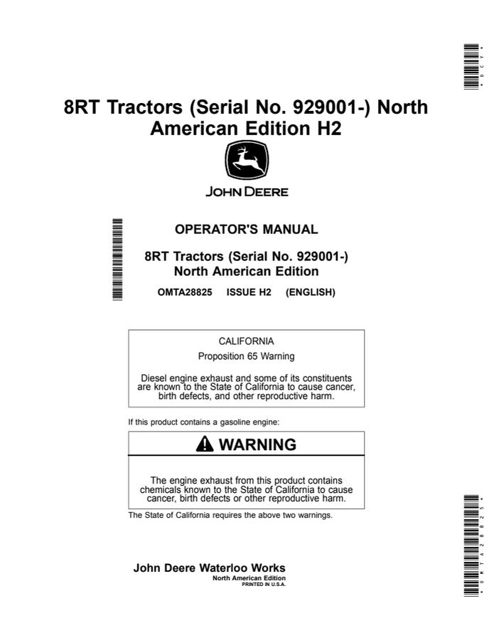 John Deere 8RT Tractors Tractor Operator manual OMTA28825 — actual manual cover