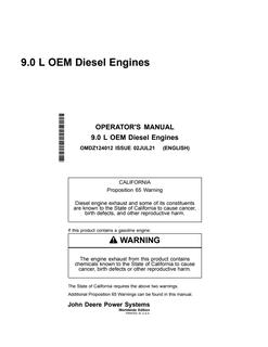 John Deere 9.0 L OEM Diesel engine Operator manual OMDZ124012 — actual manual cover