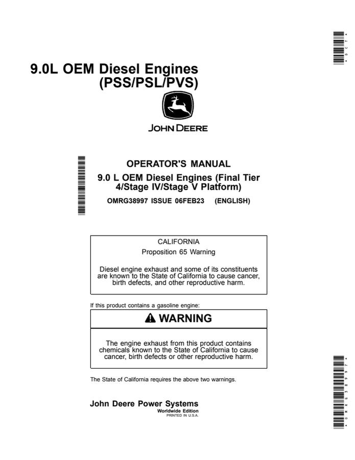 John Deere 9.0 L OEM diesel engines (PSS, PSL, PVS; Final Tier 4/Stage IV/V) Engine Operator manual OMRG38997 — actual manual cover