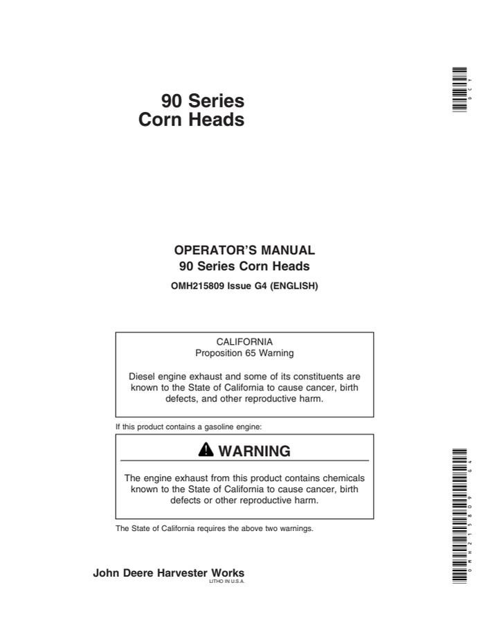 John Deere 90 Series Corn head Operator manual OMH215809 — actual manual cover