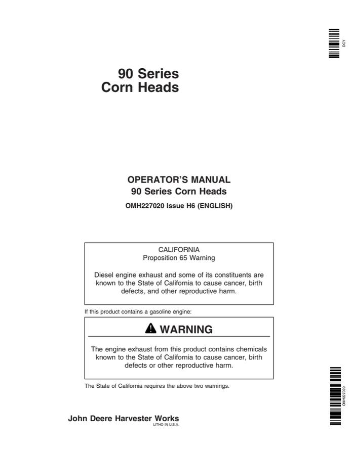 John Deere 90 Series Corn head Operator manual OMH227020 — actual manual cover