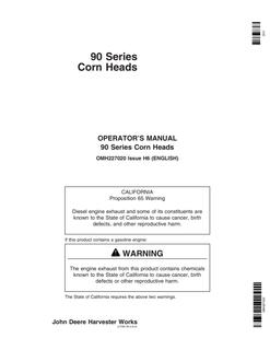 John Deere 90 Series Corn head Operator manual OMH227020 — actual manual cover