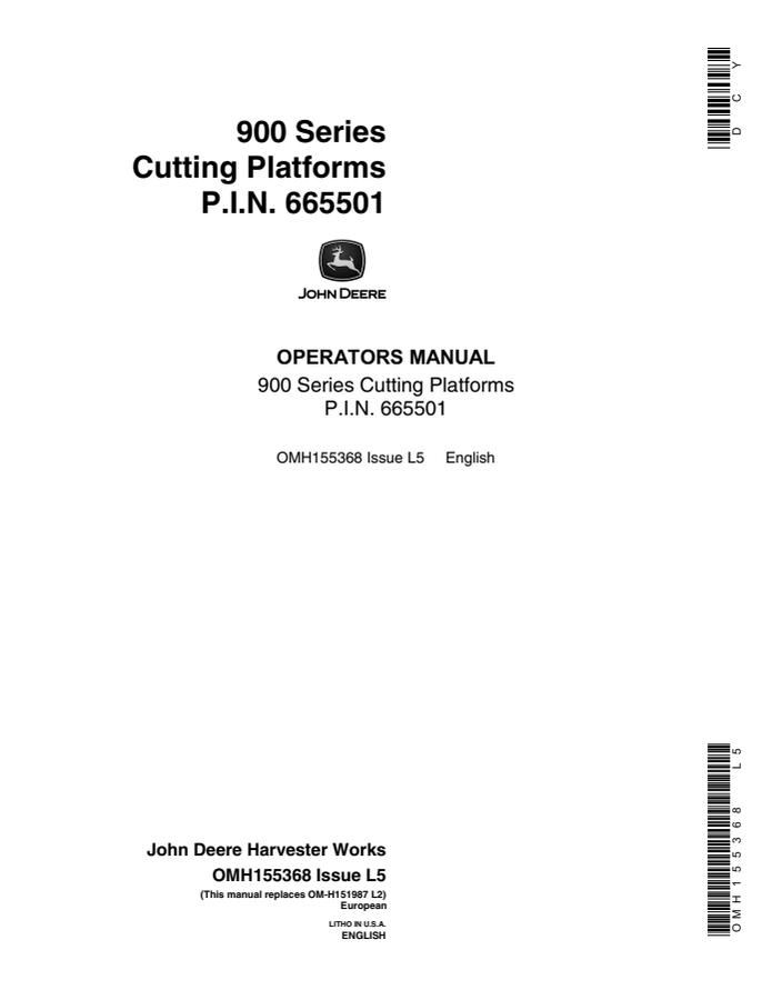 John Deere 900 Series Cutting platform Operator manual OMH155368 — actual manual cover