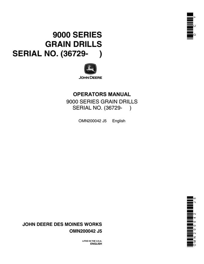 John Deere 9000 Series Grain drill Operator's manual OMN200042 — actual manual cover