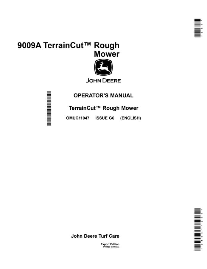 John Deere 9009A Rough mower Operator manual OMUC11047 — actual manual cover