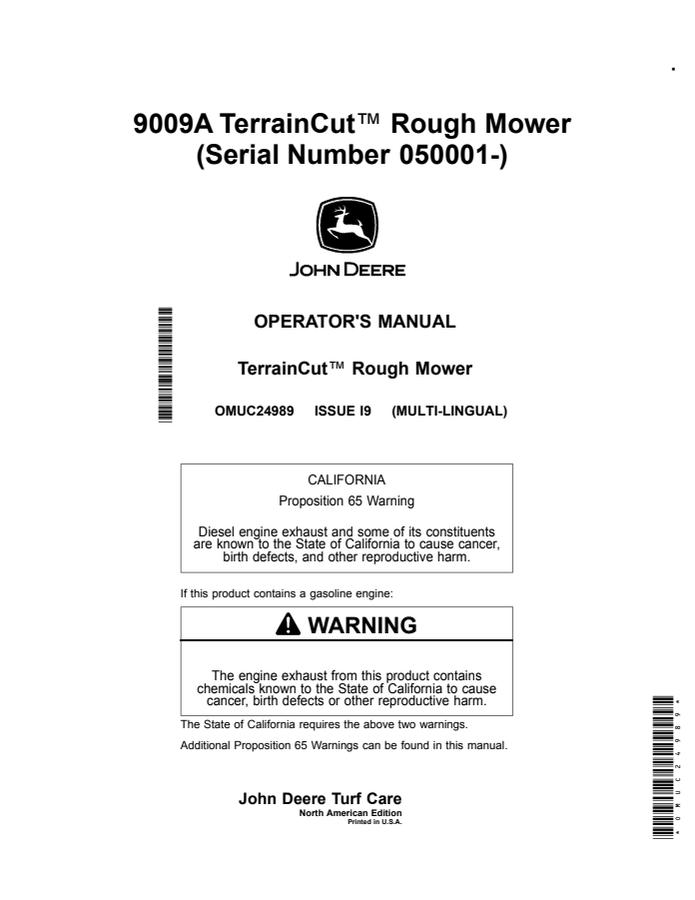 John Deere 9009A Rough mower Operator manual OMUC24989 — actual manual cover