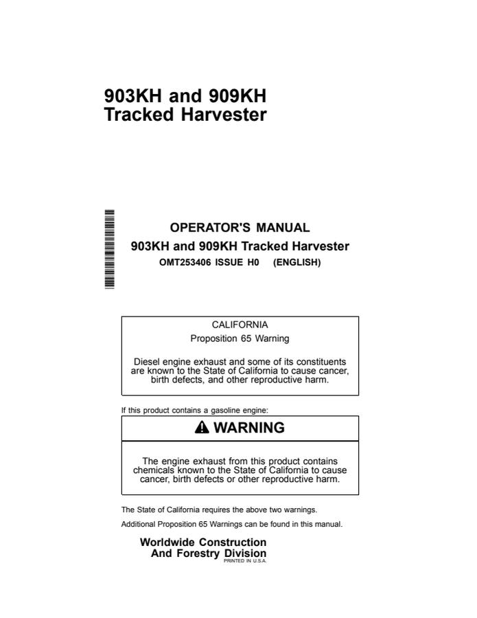 John Deere 903KH and 909KH Tracked harvester Operator manual OMT253406 — actual manual cover