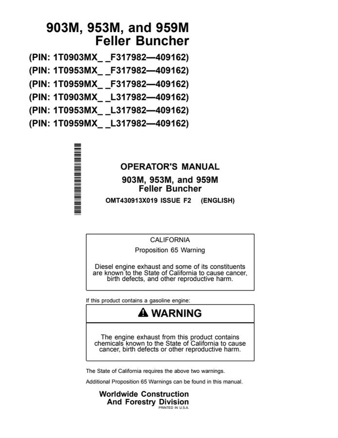 John Deere 903M, 953M and 959M Feller buncher Operator manual OMT430913X019 — actual manual cover