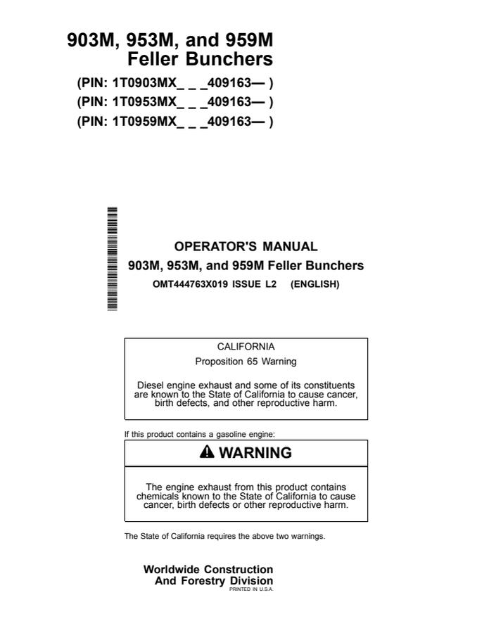 John Deere 903M, 953M and 959M Feller buncher Operator manual OMT444763X019 — actual manual cover