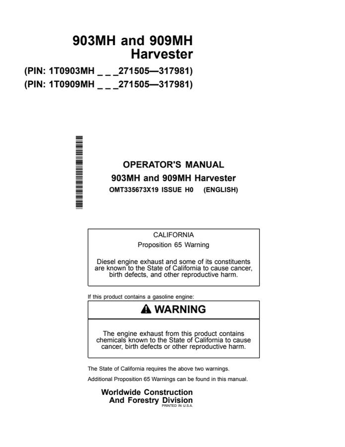 John Deere 903MH, 909MH Harvester Operator's manual OMT335673X19 — actual manual cover