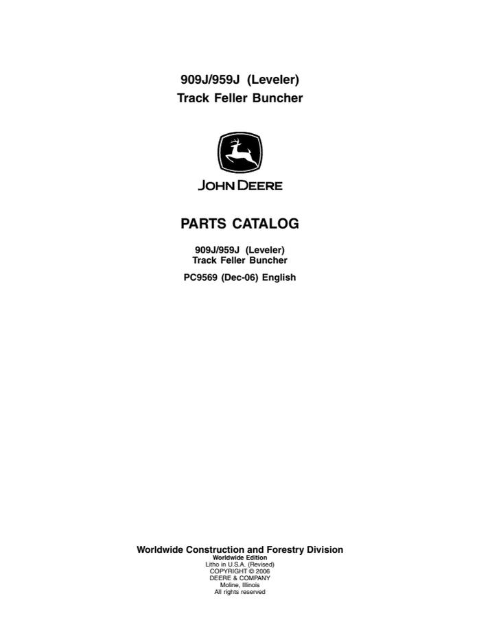 John Deere 909J/959J Leveler track feller bunchers Feller buncher Parts catalog PC9569 — actual manual cover