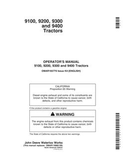 John Deere 9100, 9200, 9300 and 9400 Tractor Operator manual OMAR165770 — actual manual cover