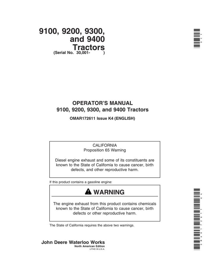 John Deere 9100, 9200, 9300 and 9400 Tractor Operator manual OMAR172611 — actual manual cover