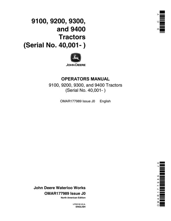 John Deere 9100, 9200, 9300 and 9400 Tractor Operator manual OMAR177989 — actual manual cover