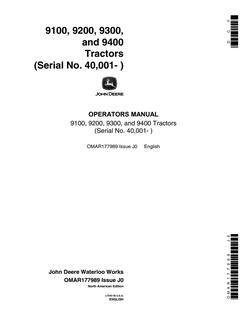 John Deere 9100, 9200, 9300 and 9400 Tractor Operator manual OMAR177989 — actual manual cover