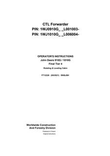 John Deere 910G, 1010G Final Tier 4 CTL Forwarder Operator Instructions F712228 — actual manual cover