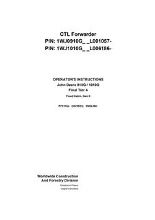 John Deere 910G and 1010G Final Tier 4 Fixed Cabin Gen II Forwarder Operator instructions F723164 — actual manual cover
