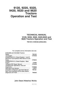 John Deere 9120, 9220, 9320, 9420, 9520, 9620 Tractor Operation and Test Technical Manual TM1972 — actual manual cover