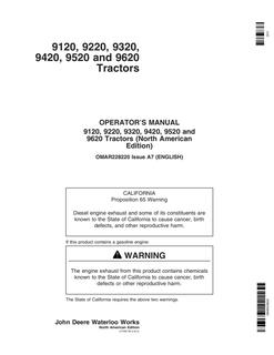 John Deere 9120, 9220, 9320, 9420, 9520, 9620 Tractor Operator manual OMAR228220 — actual manual cover