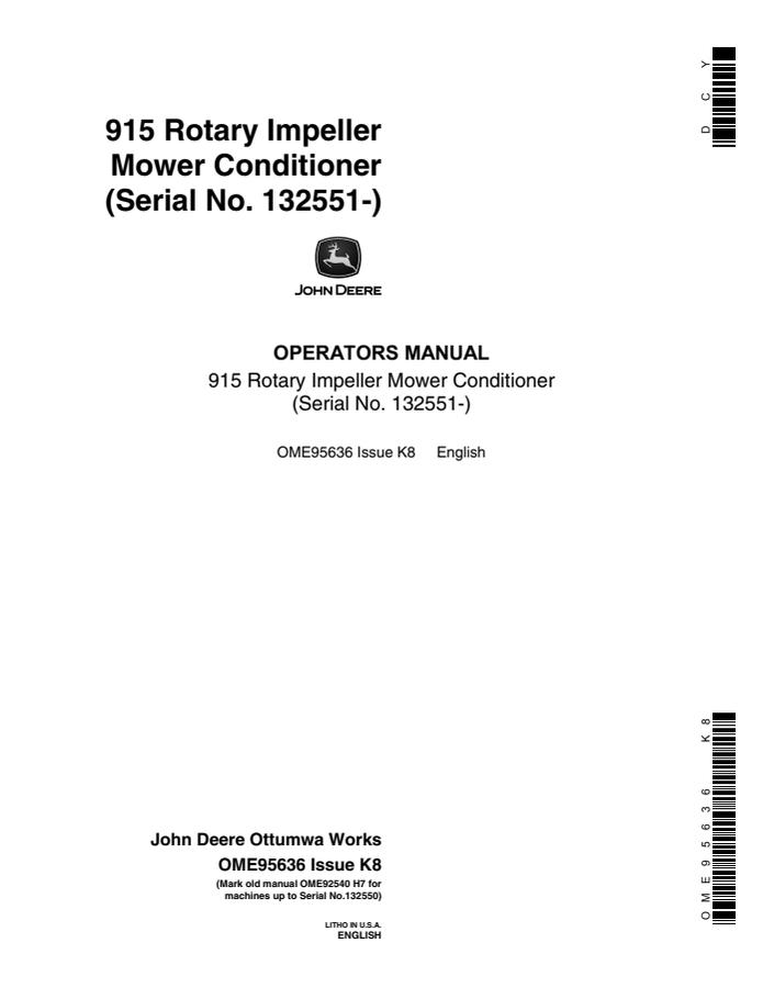 John Deere 915 Rotary Impeller Mower-conditioner Operator manual OME95636 — actual manual cover