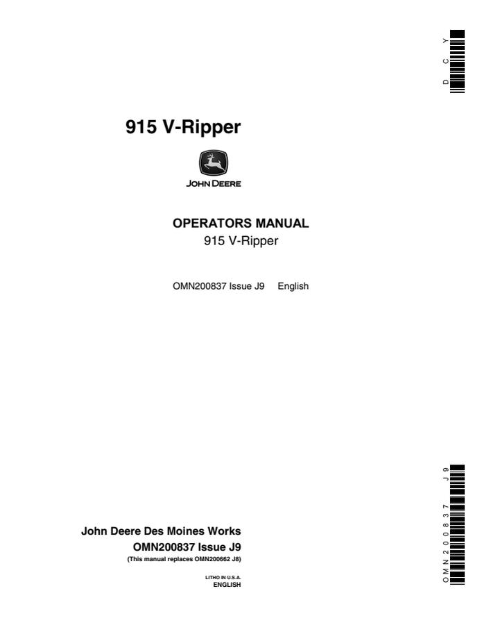 John Deere 915 V-Ripper Ripper Operator manual OMN200837 — actual manual cover