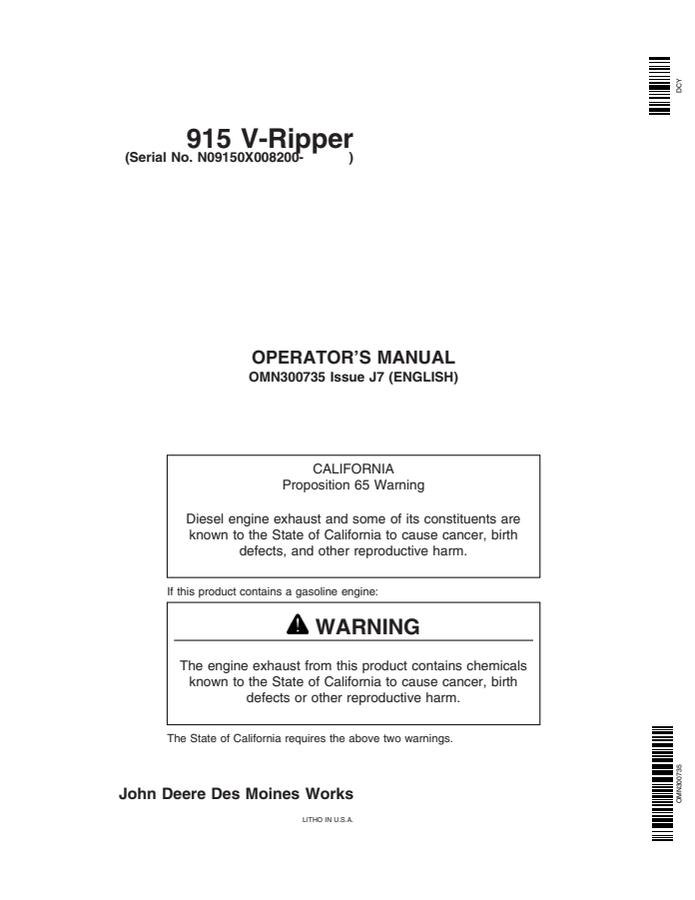 John Deere 915 V-Ripper Ripper Operator manual OMN300735 — actual manual cover
